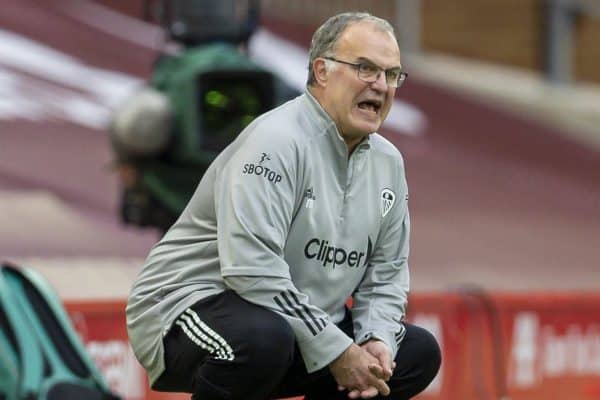 LIVERPOOL, ENGLAND - Saturday, September 12, 2020: Leeds United's manager Marcelo Bielsa reacts during the opening FA Premier League match between Liverpool FC and Leeds United FC at Anfield. The game was played behind closed doors due to the UK government’s social distancing laws during the Coronavirus COVID-19 Pandemic. (Pic by David Rawcliffe/Propaganda)