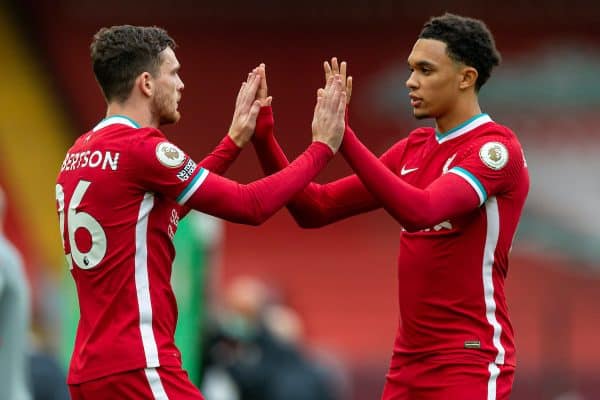 LIVERPOOL, ENGLAND - Saturday, September 12, 2020: Liverpool’s Andy Robertson (L) and Trent Alexander-Arnold (R) before the opening FA Premier League match between Liverpool FC and Leeds United FC at Anfield. The game was played behind closed doors due to the UK government’s social distancing laws during the Coronavirus COVID-19 Pandemic. (Pic by David Rawcliffe/Propaganda)