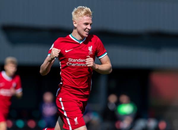 KIRKBY, ENGLAND - Sunday, September 13, 2020: Liverpool's Luis Longstaff celebrates scoring the second goal, only for it to be disallowed, during the Premier League 2 Division 1 match between Liverpool FC Under-23's and Everton FC Under-23's at the Liverpool Academy. (Pic by David Rawcliffe/Propaganda)