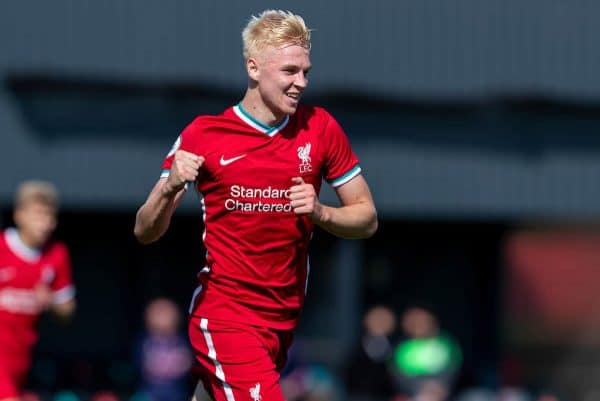 KIRKBY, ENGLAND - Sunday, September 13, 2020: Liverpool's Luis Longstaff celebrates scoring the second goal, only for it to be disallowed, during the Premier League 2 Division 1 match between Liverpool FC Under-23's and Everton FC Under-23's at the Liverpool Academy. (Pic by David Rawcliffe/Propaganda)