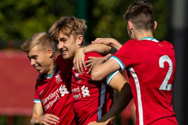 KIRKBY, ENGLAND - Sunday, September 13, 2020: Liverpool's Jake Cain (C) celebrates scoring the first goal during the Premier League 2 Division 1 match between Liverpool FC Under-23's and Everton FC Under-23's at the Liverpool Academy. (Pic by David Rawcliffe/Propaganda)