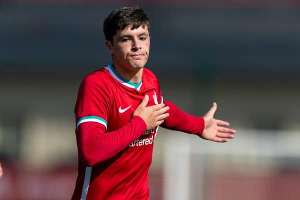 LIVERPOOL, ENGLAND - Saturday, February 22, 2020: Liverpool's Layton Stewart celebrates scoring the third goal, his hat-trick, to put his side 3-0 up during the Under-18 FA Premier League match between Liverpool FC and Manchester City FC at the Liverpool Academy. (Pic by David Rawcliffe/Propaganda)