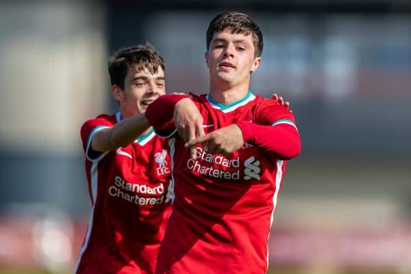 LIVERPOOL, ENGLAND - Saturday, February 22, 2020: Liverpool's Layton Stewart celebrates scoring the third goal, his hat-trick, to put his side 3-0 up during the Under-18 FA Premier League match between Liverpool FC and Manchester City FC at the Liverpool Academy. (Pic by David Rawcliffe/Propaganda)