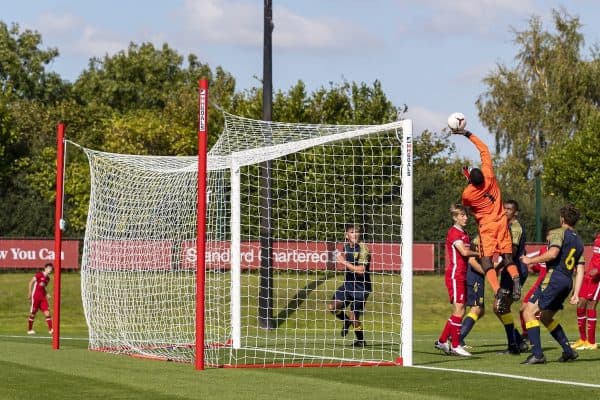 LIVERPOOL, ENGLAND - Saturday, February 22, 2020: Liverpool's Dominic Corness (far left) scores the fourth goal, his second from a corner-kick, during the Under-18 FA Premier League match between Liverpool FC and Manchester City FC at the Liverpool Academy. (Pic by David Rawcliffe/Propaganda)