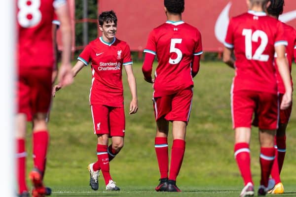 LIVERPOOL, ENGLAND - Saturday, February 22, 2020: Liverpool's Dominic Corness celebrates after scoring the fourth goal, his second from a corner-kick, during the Under-18 FA Premier League match between Liverpool FC and Manchester City FC at the Liverpool Academy. (Pic by David Rawcliffe/Propaganda)