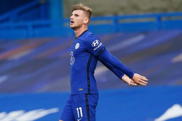 LONDON, ENGLAND - Sunday, September 20, 2020: Chelsea's Timo Werner looks dejected after missing a chance during the FA Premier League match between Chelsea FC and Liverpool FC at Stamford Bridge. The game was played behind closed doors due to the UK government’s social distancing laws during the Coronavirus COVID-19 Pandemic. (Pic by Propaganda)