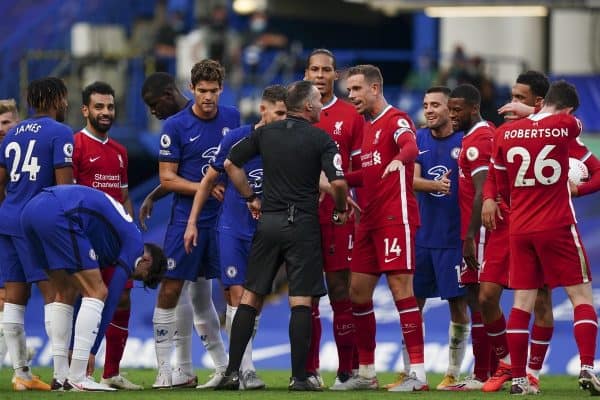 LONDON, ENGLAND - Sunday, September 20, 2020: Liverpool's captain Jordan Henderson and Virgil van Dijk speak with referee Paul Tierney during the FA Premier League match between Chelsea FC and Liverpool FC at Stamford Bridge. The game was played behind closed doors due to the UK government's social distancing laws during the Coronavirus COVID-19 Pandemic. (Pic by Propaganda)
