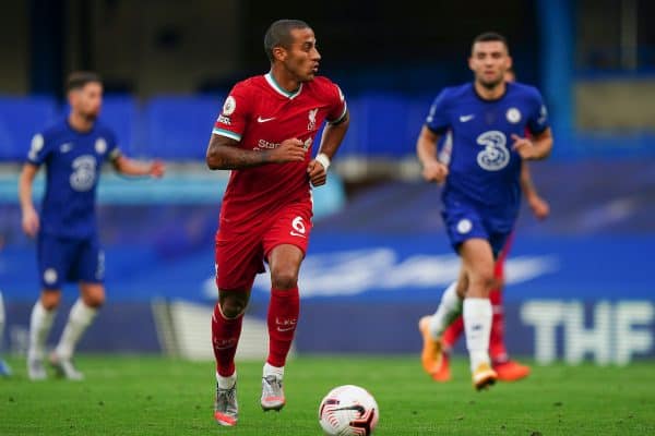 LONDON, ENGLAND - Sunday, September 20, 2020: Liverpool’s new signing Thiago Alcantara makes his debut as a substitute during the FA Premier League match between Chelsea FC and Liverpool FC at Stamford Bridge. The game was played behind closed doors due to the UK government’s social distancing laws during the Coronavirus COVID-19 Pandemic. (Pic by Propaganda)