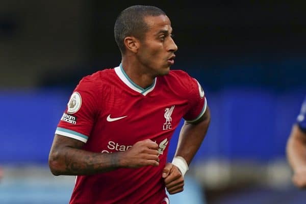 LONDON, ENGLAND - Sunday, September 20, 2020: Liverpool’s new signing Thiago Alcantara makes his debut as a substitute during the FA Premier League match between Chelsea FC and Liverpool FC at Stamford Bridge. The game was played behind closed doors due to the UK government’s social distancing laws during the Coronavirus COVID-19 Pandemic. (Pic by Propaganda)