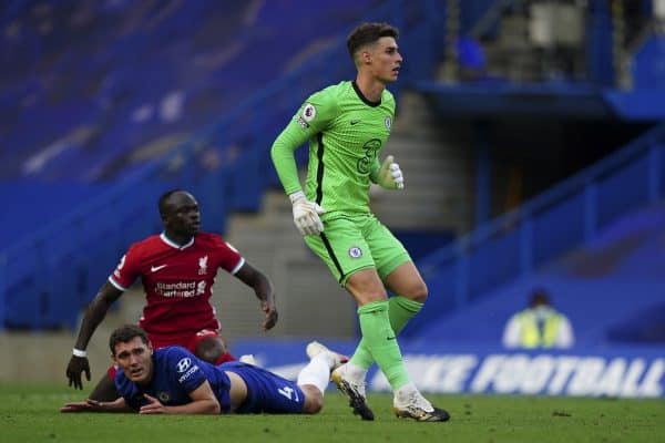 LONDON, ENGLAND - Sunday, September 20, 2020: Liverpool’s Sadio Mané is fouled by captain Andreas Christensen, who was later shown a red card after a VAT review, during the FA Premier League match between Chelsea FC and Liverpool FC at Stamford Bridge. The game was played behind closed doors due to the UK government’s social distancing laws during the Coronavirus COVID-19 Pandemic. (Pic by Propaganda)