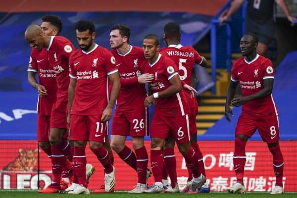 LONDON, ENGLAND - Sunday, September 20, 2020: Liverpool players celebrate the opening goal with a header during the FA Premier League match between Chelsea FC and Liverpool FC at Stamford Bridge. The game was played behind closed doors due to the UK government’s social distancing laws during the Coronavirus COVID-19 Pandemic. (Pic by Propaganda)