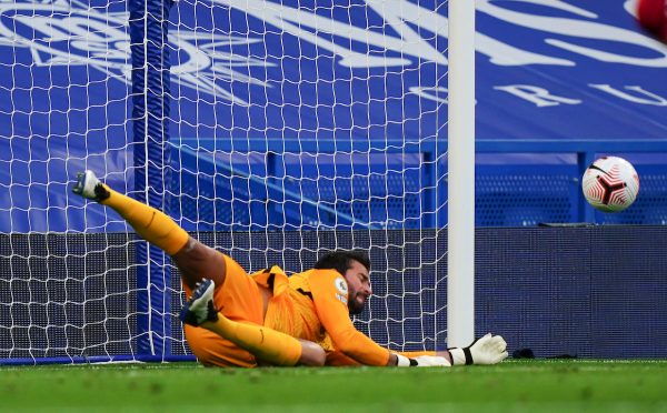 LONDON, ENGLAND - Sunday, September 20, 2020: Liverpool's goalkeeper Alisson Becker saves a penalty kick during the FA Premier League match between Chelsea FC and Liverpool FC at Stamford Bridge. The game was played behind closed doors due to the UK government's social distancing laws during the Coronavirus COVID-19 Pandemic. (Pic by Propaganda)