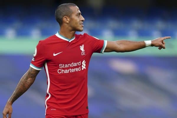 LONDON, ENGLAND - Sunday, September 20, 2020: Liverpool's Thiago Alcantara, makes his debut as a substitute, during the FA Premier League match between Chelsea FC and Liverpool FC at Stamford Bridge. The game was played behind closed doors due to the UK government's social distancing laws during the Coronavirus COVID-19 Pandemic. (Pic by Propaganda)