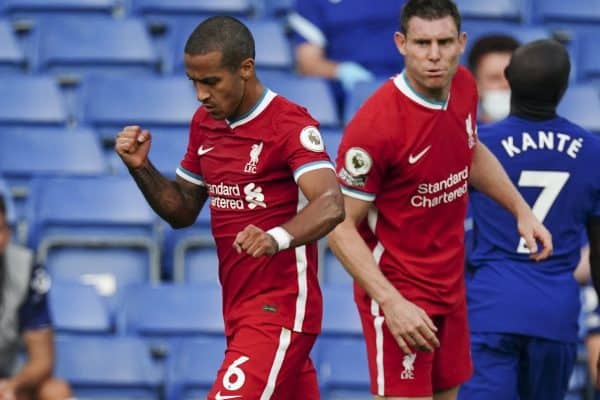 LONDON, ENGLAND - Sunday, September 20, 2020: Liverpool's Thiago Alcantara celebrates at the final whistle during the FA Premier League match between Chelsea FC and Liverpool FC at Stamford Bridge. The game was played behind closed doors due to the UK government's social distancing laws during the Coronavirus COVID-19 Pandemic. (Pic by Propaganda)