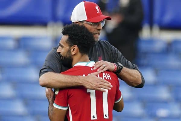 LONDON, ENGLAND - Sunday, September 20, 2020: Liverpool’s manager Jürgen Klopp embraces Mohamed Salah after the FA Premier League match between Chelsea FC and Liverpool FC at Stamford Bridge. The game was played behind closed doors due to the UK government’s social distancing laws during the Coronavirus COVID-19 Pandemic. (Pic by Propaganda)