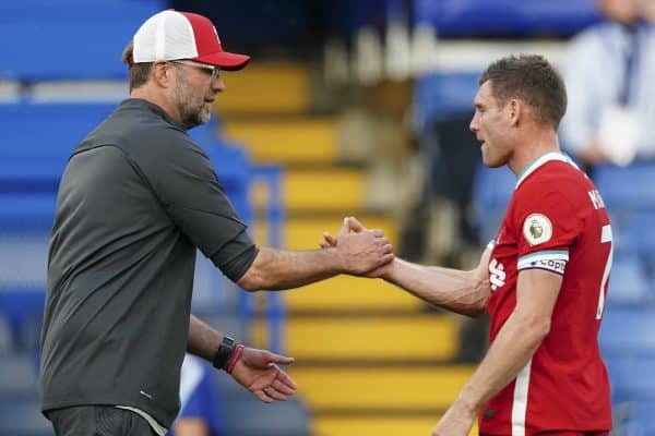 LONDON, ENGLAND - Sunday, September 20, 2020: Liverpool’s manager Jürgen Klopp shakes hands with James Milner after the FA Premier League match between Chelsea FC and Liverpool FC at Stamford Bridge. The game was played behind closed doors due to the UK government’s social distancing laws during the Coronavirus COVID-19 Pandemic. (Pic by Propaganda)