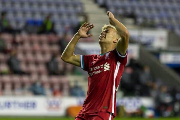 WIGAN, ENGLAND - Tuesday, September 22, 2020: Liverpool's Jack Bearne looks dejected after missing a chance during the EFL Trophy Northern Group D match between Wigan Athletic and Liverpool FC Under-21's at the DW Stadium. (Pic by David Rawcliffe/Propaganda)