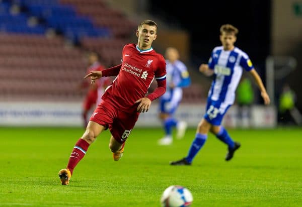 WIGAN, ENGLAND - Tuesday, September 22, 2020: Liverpool's Ben Woodburn during the EFL Trophy Northern Group D match between Wigan Athletic and Liverpool FC Under-21's at the DW Stadium. (Pic by David Rawcliffe/Propaganda)