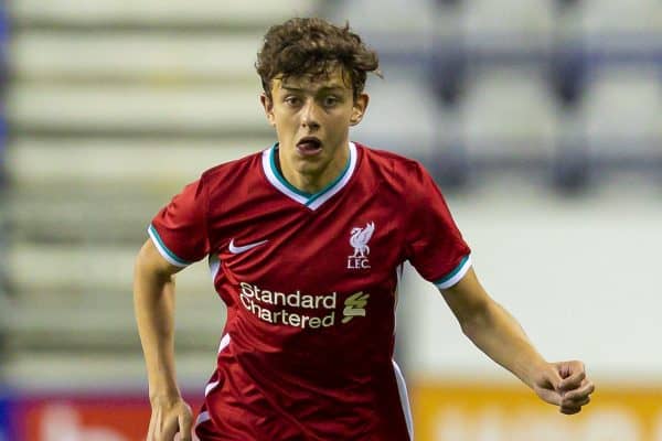 WIGAN, ENGLAND - Tuesday, September 22, 2020: Liverpool's Owen Beck during the EFL Trophy Northern Group D match between Wigan Athletic and Liverpool FC Under-21's at the DW Stadium. (Pic by David Rawcliffe/Propaganda)