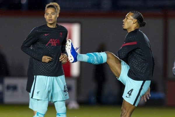 LINCOLN, ENGLAND - Thursday, September 24, 2020: Liverpool's Virgil van Dijk (R) and Rhys Williams during the pre-match warm-up before the Football League Cup 3rd Round match between Lincoln City FC and Liverpool FC at Sincil Bank. (Pic by David Rawcliffe/Propaganda)