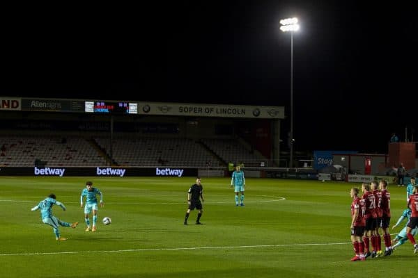 LINCOLN, ENGLAND - Thursday, September 24, 2020: Liverpool's Xherdan Shaqiri scores the first goal from a free-kick during the Football League Cup 3rd Round match between Lincoln City FC and Liverpool FC at Sincil Bank. (Pic by David Rawcliffe/Propaganda)