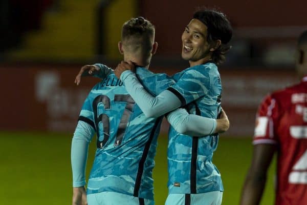 LINCOLN, ENGLAND - Thursday, September 24, 2020: Liverpool's Takumi Minamino celebrates scoring the second goal with team-mate Harvey Elliott (L) during the Football League Cup 3rd Round match between Lincoln City FC and Liverpool FC at Sincil Bank. (Pic by David Rawcliffe/Propaganda)