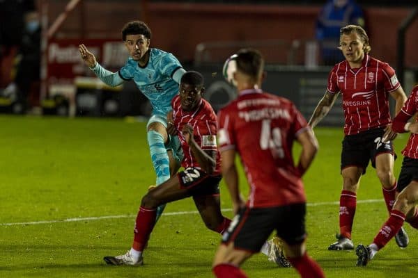 LINCOLN, ENGLAND - Thursday, September 24, 2020: Liverpool's Curtis Jones scores the third goal during the Football League Cup 3rd Round match between Lincoln City FC and Liverpool FC at Sincil Bank. (Pic by David Rawcliffe/Propaganda)