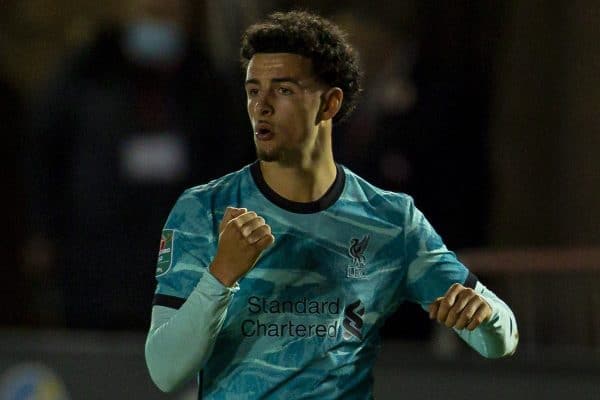 LINCOLN, ENGLAND - Thursday, September 24, 2020: Liverpool's Curtis Jones celebrates scoring the third goal during the Football League Cup 3rd Round match between Lincoln City FC and Liverpool FC at Sincil Bank. (Pic by David Rawcliffe/Propaganda)