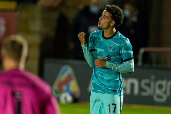 LINCOLN, ENGLAND - Thursday, September 24, 2020: Liverpool's Curtis Jones celebrates scoring the third goal during the Football League Cup 3rd Round match between Lincoln City FC and Liverpool FC at Sincil Bank. (Pic by David Rawcliffe/Propaganda)