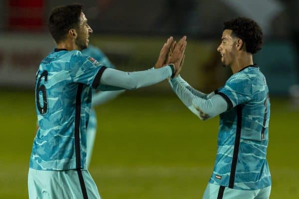 LINCOLN, ENGLAND - Thursday, September 24, 2020: Liverpool's Curtis Jones celebrates scoring the fourth goal, his second, to make the score 4-0 with team-mate Marko Grujic (L) during the Football League Cup 3rd Round match between Lincoln City FC and Liverpool FC at Sincil Bank. (Pic by David Rawcliffe/Propaganda)