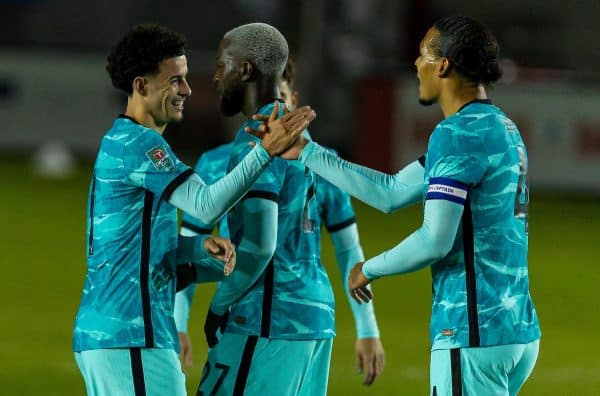 LINCOLN, ENGLAND - Thursday, September 24, 2020: Liverpool's Curtis Jones celebrates scoring the fourth goal, his second, to make the score 4-0 with team-mate Virgil van Dijk (R) during the Football League Cup 3rd Round match between Lincoln City FC and Liverpool FC at Sincil Bank. (Pic by David Rawcliffe/Propaganda)