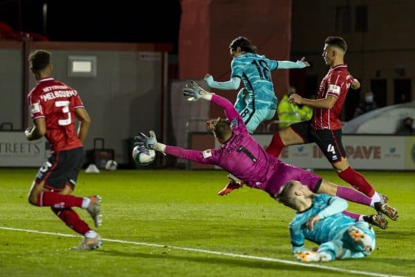 LINCOLN, ENGLAND - Thursday, September 24, 2020: Liverpool's Takumi Minamino scores the fifth goal, his second, to make the score 5-0 during the Football League Cup 3rd Round match between Lincoln City FC and Liverpool FC at Sincil Bank. (Pic by David Rawcliffe/Propaganda)