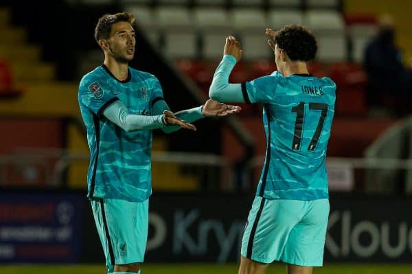 LINCOLN, ENGLAND - Thursday, September 24, 2020: Liverpool's Marko Grujic (L) celebrates scoring the sixth goal with team-mate Curtis Jones during the Football League Cup 3rd Round match between Lincoln City FC and Liverpool FC at Sincil Bank. (Pic by David Rawcliffe/Propaganda)