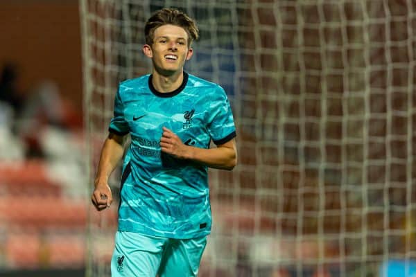 LEIGH, ENGLAND - Friday, September 25, 2020: Liverpool's Leighton Clarkson celebrates scoring the first goal during the Premier League 2 Division 1 match between Manchester United FC Under-23's and Liverpool FC Under-23's at the Leigh Sports Village. (Pic by David Rawcliffe/Propaganda)