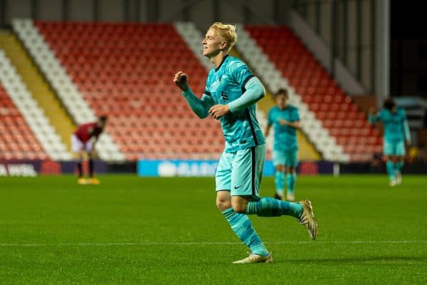 LEIGH, ENGLAND - Friday, September 25, 2020: Liverpool's Luis Longstaff celebrates scoring the fifth goal, to make the score 5-1, during the Premier League 2 Division 1 match between Manchester United FC Under-23's and Liverpool FC Under-23's at the Leigh Sports Village. (Pic by David Rawcliffe/Propaganda)