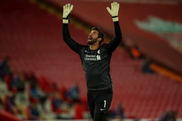 LIVERPOOL, ENGLAND - Monday, September 28, 2020: Liverpool’s goalkeeper Alisson Becker celebrates as his side score the first equalising goal to level the score 1-1 during the FA Premier League match between Liverpool FC and Arsenal FC at Anfield. The game was played behind closed doors due to the UK government’s social distancing laws during the Coronavirus COVID-19 Pandemic. (Pic by Propaganda)