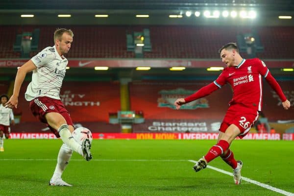 LIVERPOOL, ENGLAND - Monday, September 28, 2020: Liverpool’s Andy Robertson crosses the ball during the FA Premier League match between Liverpool FC and Arsenal FC at Anfield. The game was played behind closed doors due to the UK government’s social distancing laws during the Coronavirus COVID-19 Pandemic. (Pic by Propaganda)