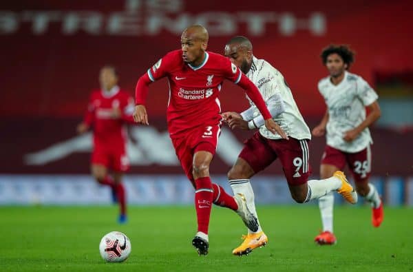 LIVERPOOL, ENGLAND - Monday, September 28, 2020: Liverpool’s Fabio Henrique Tavares 'Fabinho' during the FA Premier League match between Liverpool FC and Arsenal FC at Anfield. The game was played behind closed doors due to the UK government’s social distancing laws during the Coronavirus COVID-19 Pandemic. (Pic by Propaganda)