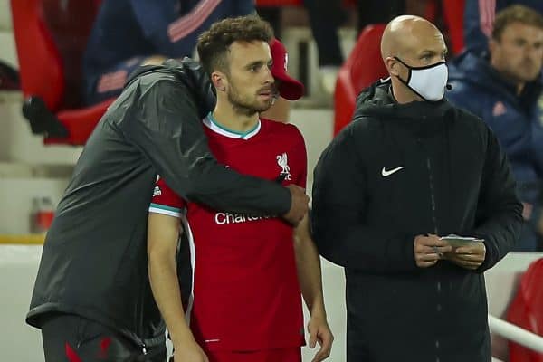 LIVERPOOL, ENGLAND - Monday, September 28, 2020: Liverpool’s Diogo Jota is hugged by manager Jürgen Klopp before he comes on as a substitute during the FA Premier League match between Liverpool FC and Arsenal FC at Anfield. The game was played behind closed doors due to the UK government’s social distancing laws during the Coronavirus COVID-19 Pandemic. (Pic by Propaganda)