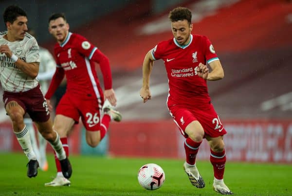 LIVERPOOL, ENGLAND - Monday, September 28, 2020: Liverpool’s substitute Diogo Jota during the FA Premier League match between Liverpool FC and Arsenal FC at Anfield. The game was played behind closed doors due to the UK government’s social distancing laws during the Coronavirus COVID-19 Pandemic. (Pic by Propaganda)