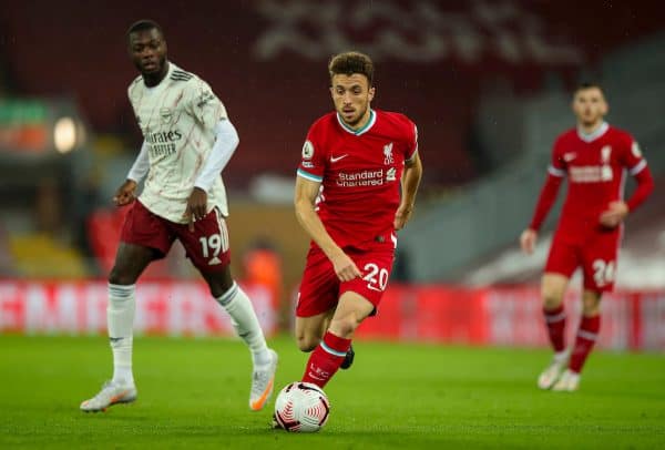 LIVERPOOL, ENGLAND - Monday, September 28, 2020: Liverpool’s substitute Diogo Jota during the FA Premier League match between Liverpool FC and Arsenal FC at Anfield. The game was played behind closed doors due to the UK government’s social distancing laws during the Coronavirus COVID-19 Pandemic. (Pic by Propaganda)