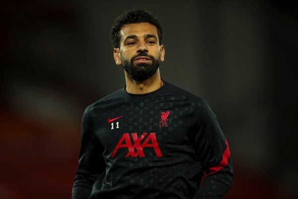 LIVERPOOL, ENGLAND - Monday, September 28, 2020: Liverpool’s Mohamed Salah during the pre-match warm-up before the FA Premier League match between Liverpool FC and Arsenal FC at Anfield. The game was played behind closed doors due to the UK government’s social distancing laws during the Coronavirus COVID-19 Pandemic. (Pic by Propaganda)