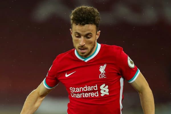 LIVERPOOL, ENGLAND - Monday, September 28, 2020: Liverpool’s substitute Diogo Jota during the FA Premier League match between Liverpool FC and Arsenal FC at Anfield. The game was played behind closed doors due to the UK government’s social distancing laws during the Coronavirus COVID-19 Pandemic. (Pic by Propaganda)