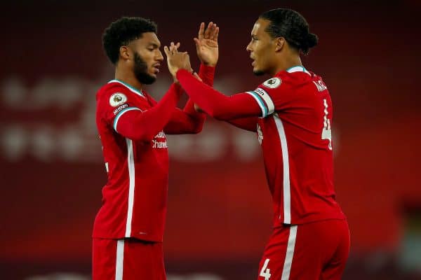 LIVERPOOL, ENGLAND - Monday, September 28, 2020: Liverpool’s Joe Gomez (L) and Virgil van Dijk before the FA Premier League match between Liverpool FC and Arsenal FC at Anfield. The game was played behind closed doors due to the UK government’s social distancing laws during the Coronavirus COVID-19 Pandemic. (Pic by Propaganda)