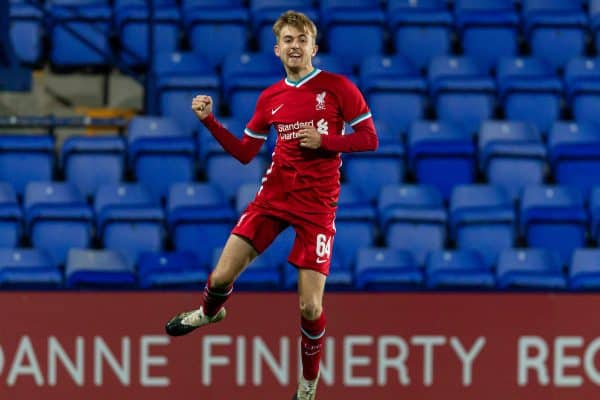 BIRKENHEAD, ENGLAND - Tuesday, September 29, 2020: Liverpool's Jake Cain celebrates scoring the first goal during the EFL Trophy Northern Group D match between Tranmere Rovers FC and Liverpool FC Under-21's at Prenton Park. (Pic by David Rawcliffe/Propaganda)