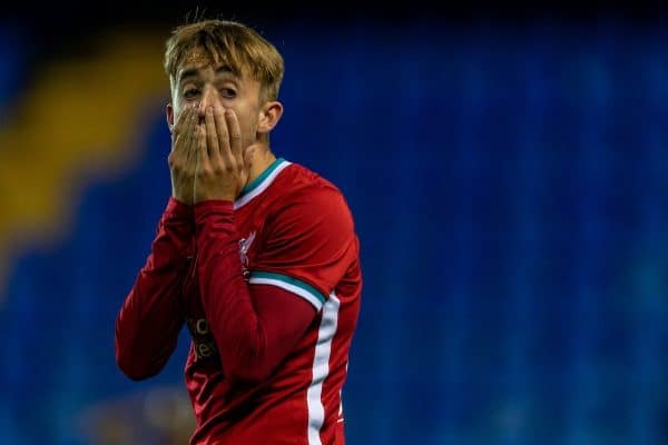 BIRKENHEAD, ENGLAND - Tuesday, September 29, 2020: Liverpool's Jake Cain looks dejected after missing a chance during the EFL Trophy Northern Group D match between Tranmere Rovers FC and Liverpool FC Under-21's at Prenton Park. (Pic by David Rawcliffe/Propaganda)