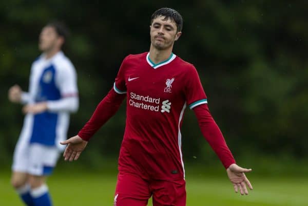 BLACKBURN, ENGLAND - Saturday, October 3, 2020: Liverpool's Layton Stewart celebrates after scoring the first goal during the Under-18 FA Premier League match between Blackburn Rovers FC Under-18's and Liverpool FC Under-18's at Brockhall Village Training Ground. (Pic by David Rawcliffe/Propaganda)