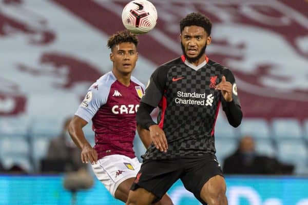 BIRMINGHAM, ENGLAND - Sunday, October 4, 2020: Liverpool’s Joe Gomez (R) and Aston Villa's Ollie Watkins during the FA Premier League match between Aston Villa FC and Liverpool FC at Villa Park. The game was played behind closed doors due to the UK government’s social distancing laws during the Coronavirus COVID-19 Pandemic. (Pic by David Rawcliffe/Propaganda)