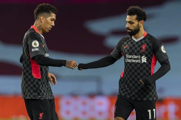 BIRMINGHAM, ENGLAND - Sunday, October 4, 2020: Liverpool’s Mohamed Salah (R) celebrates with team-mate Roberto Firmino after scoring his side's second goal, to make the score 5-2 during the FA Premier League match between Aston Villa FC and Liverpool FC at Villa Park. The game was played behind closed doors due to the UK government’s social distancing laws during the Coronavirus COVID-19 Pandemic. (Pic by David Rawcliffe/Propaganda)