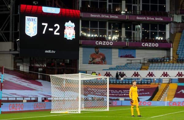 BIRMINGHAM, ENGLAND - Sunday, October 4, 2020: Liverpool’s goalkeeper Adrián San Miguel del Castillo looks dejected as his side lose 7-2 during the FA Premier League match between Aston Villa FC and Liverpool FC at Villa Park. The game was played behind closed doors due to the UK government’s social distancing laws during the Coronavirus COVID-19 Pandemic. (Pic by David Rawcliffe/Propaganda)